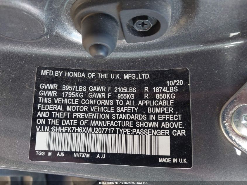 2021 Honda Civic Ex VIN: SHHFK7H6XMU207717 Lot: 43840278
