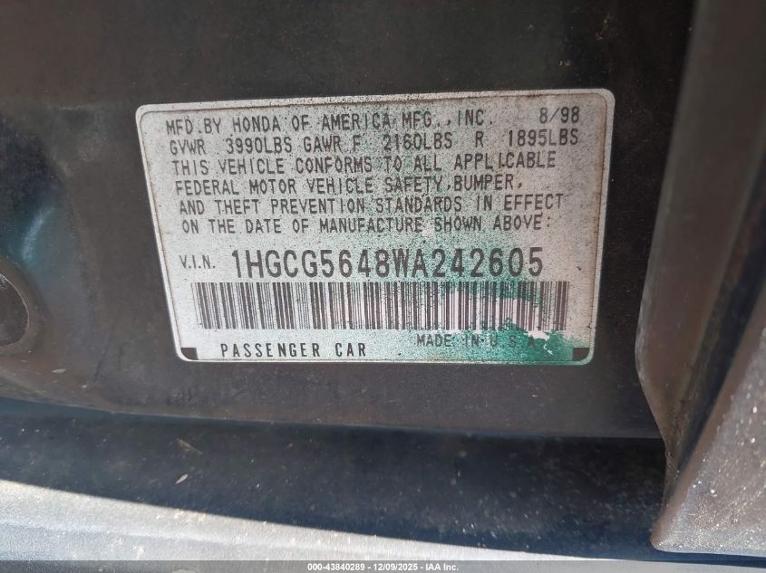 1998 Honda Accord Lx VIN: 1HGCG5648WA242605 Lot: 43840289