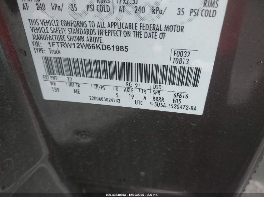 2006 Ford F-150 Xlt VIN: 1FTRW12W66KD61985 Lot: 43840303