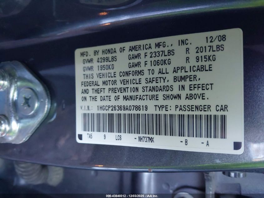 2009 Honda Accord 2.4 Lx VIN: 1HGCP26369A078619 Lot: 43840312