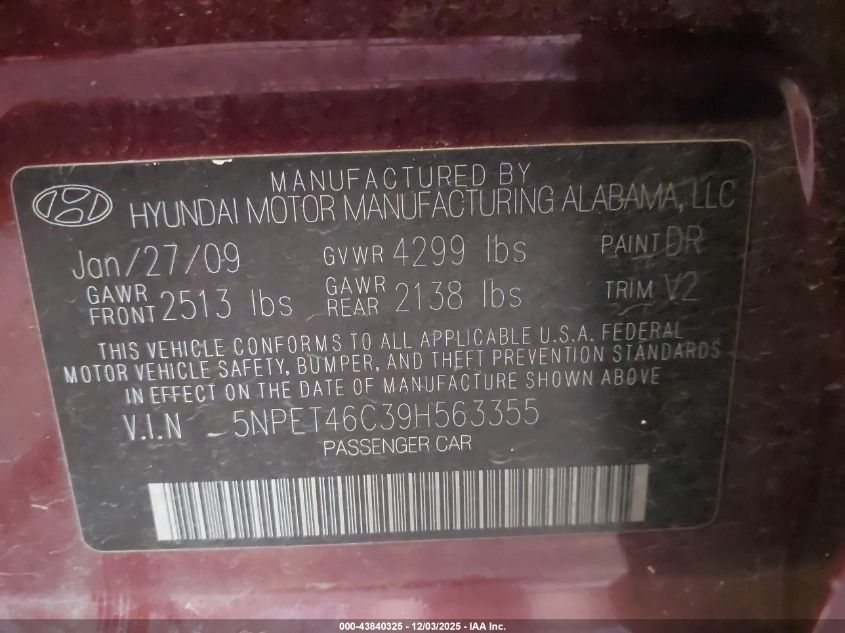 2009 Hyundai Sonata Gls VIN: 5NPET46C39H563355 Lot: 43840325