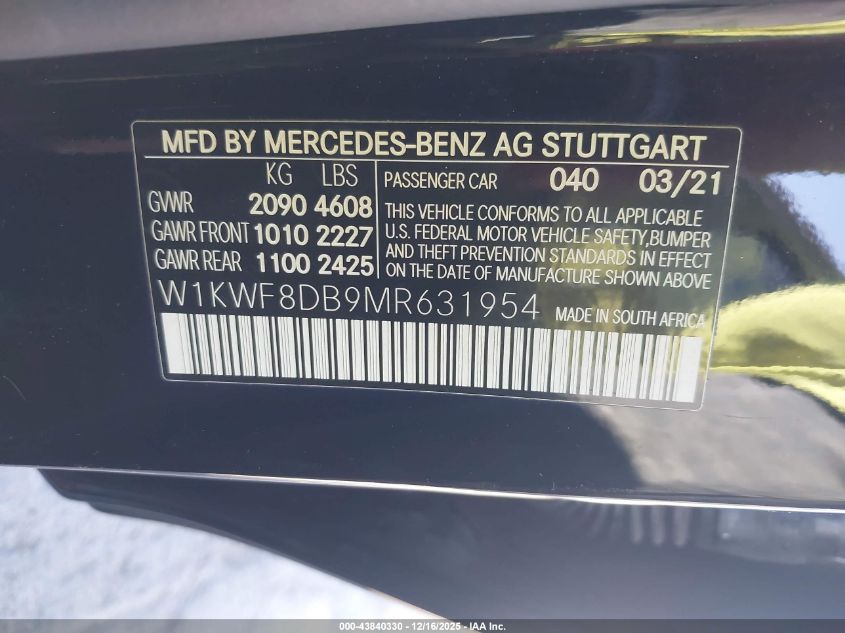2021 Mercedes-Benz C 300 Sedan VIN: W1KWF8DB9MR631954 Lot: 43840330