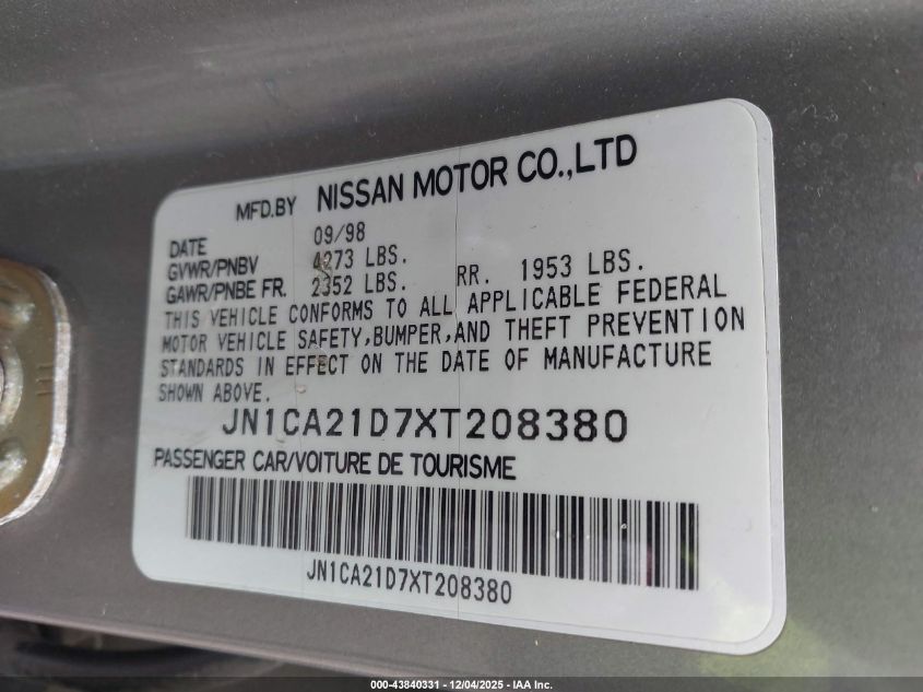 1999 Nissan Maxima Gle/Gxe/Se/Se-L VIN: JN1CA21D7XT208380 Lot: 43840331