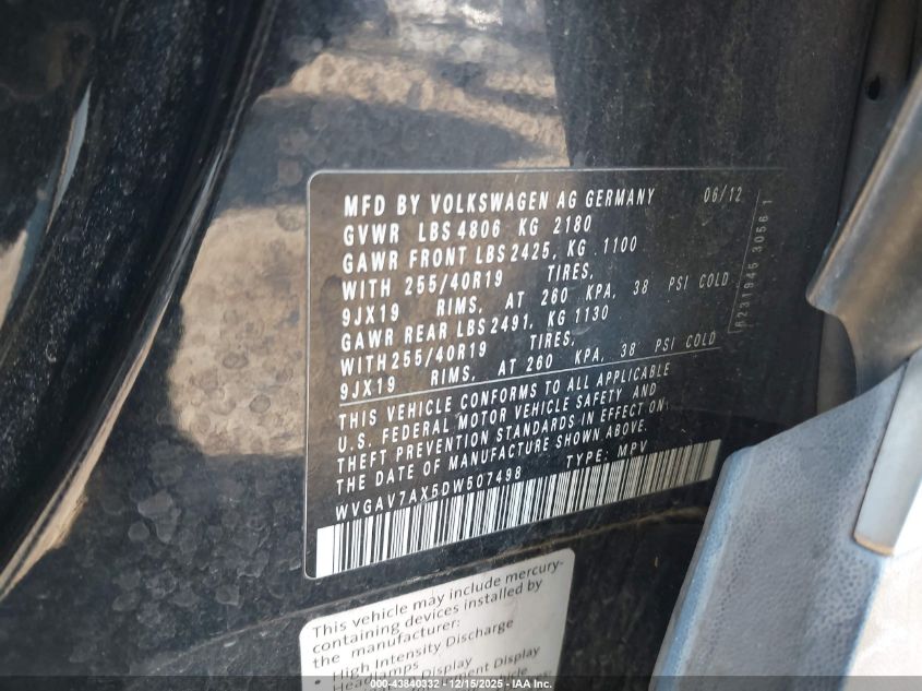 2013 Volkswagen Tiguan Sel VIN: WVGAV7AX5DW507498 Lot: 43840332