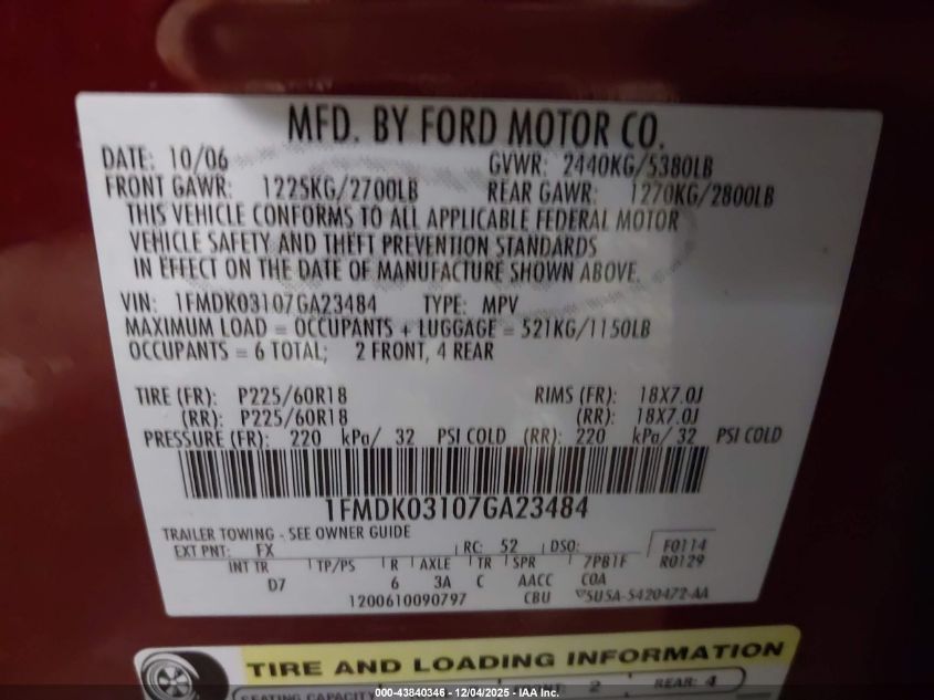 2007 Ford Freestyle Limited VIN: 1FMDK03107GA23484 Lot: 43840346