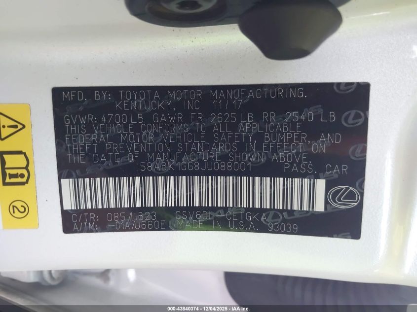 2018 Lexus Es 350 VIN: 58ABK1GG8JU088001 Lot: 43840374