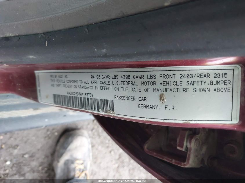 1998 Audi A4 2.8 VIN: WAUDD28D7WA187763 Lot: 43840387