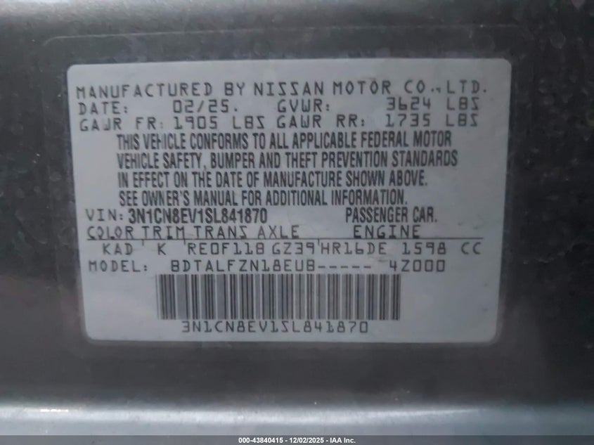 3N1CN8EV1SL841870 2025 NISSAN VERSA photo no. 9