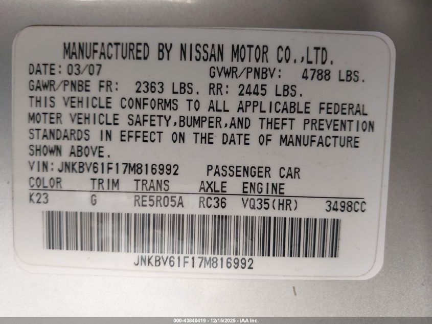 2007 Infiniti G35X VIN: JNKBV61F17M816992 Lot: 43840419