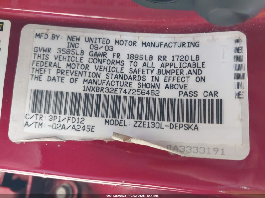 2004 Toyota Corolla S VIN: 1NXBR32E74Z256462 Lot: 43840436