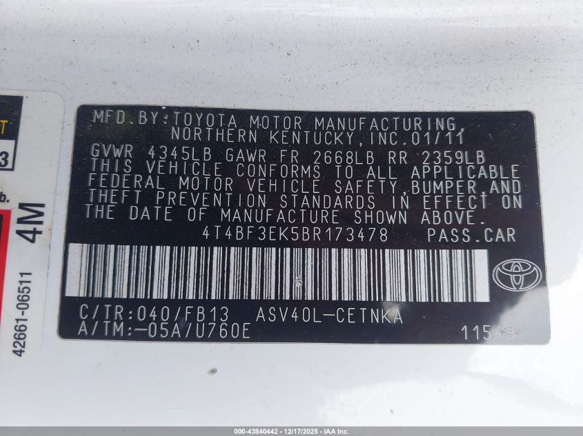 2011 Toyota Camry Le VIN: 4T4BF3EK5BR173478 Lot: 43840442