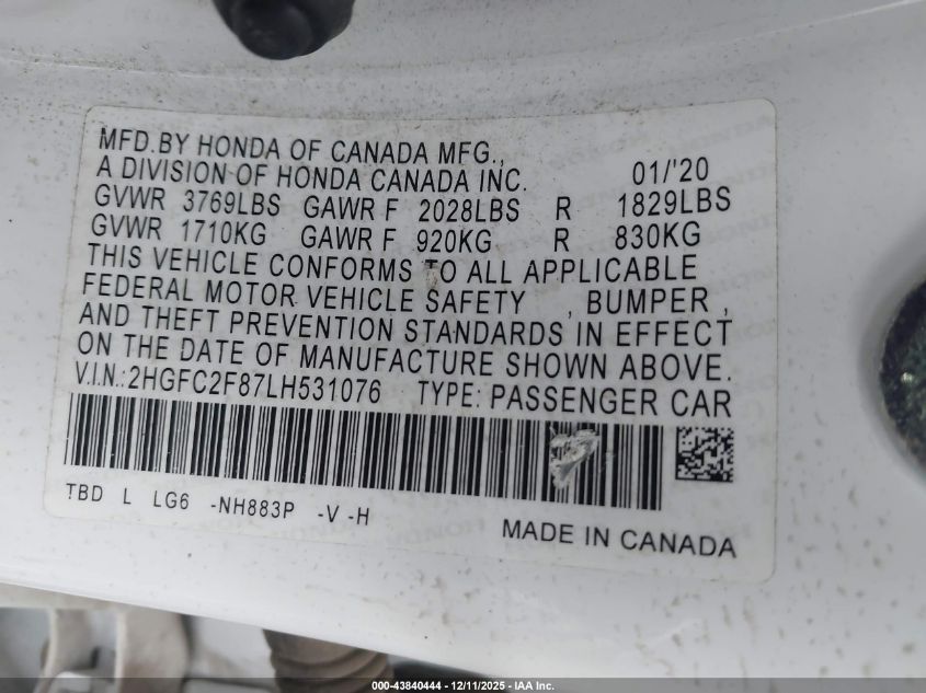 2020 Honda Civic Sport VIN: 2HGFC2F87LH531076 Lot: 43840444