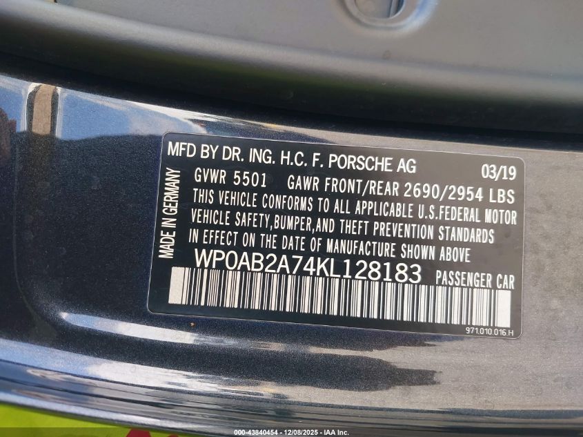 2019 Porsche Panamera 4S VIN: WP0AB2A74KL128183 Lot: 43840454