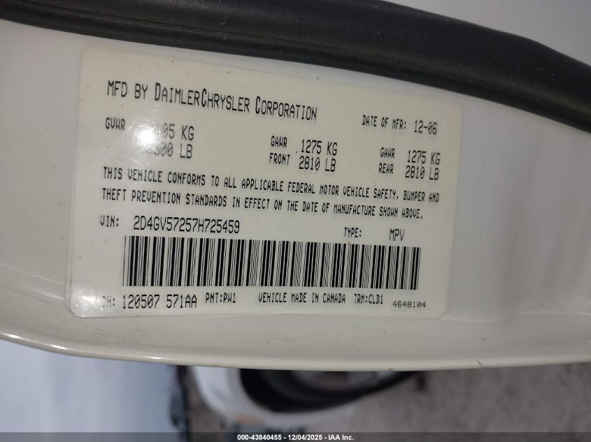 2007 Dodge Magnum Rt VIN: 2D4GV57257H725459 Lot: 43840455