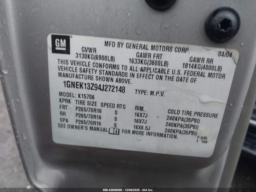 2004 Chevrolet Tahoe Lt VIN: 1GNEK13Z94J272148 Lot: 43840456