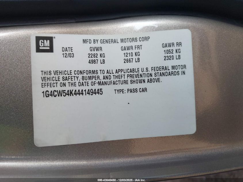 2004 Buick Park Avenue VIN: 1G4CW54K444149445 Lot: 43840458