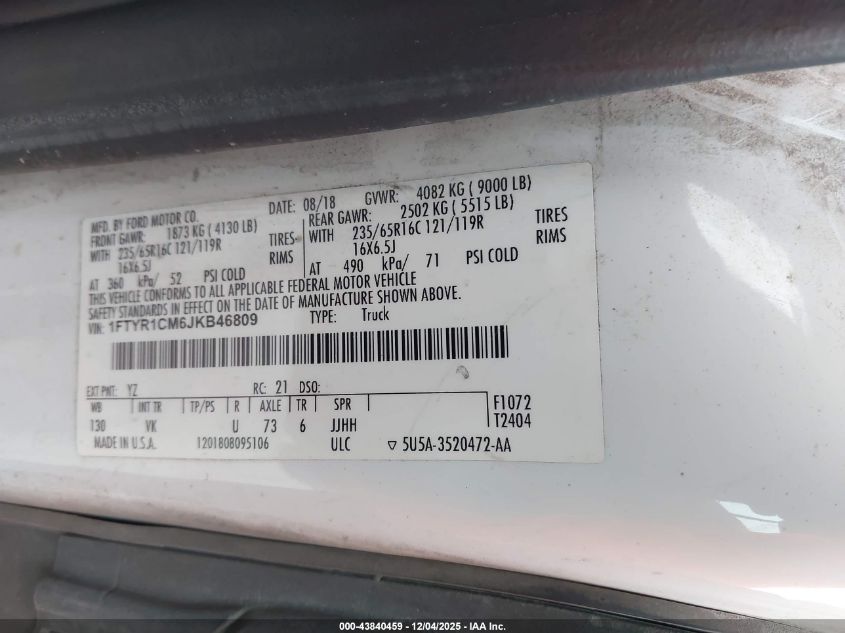 2018 Ford Transit-250 VIN: 1FTYR1CM6JKB46809 Lot: 43840459