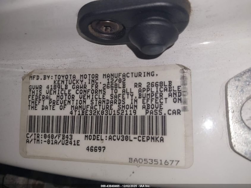 2003 Toyota Camry Le VIN: 4T1BE32K03U152119 Lot: 43840465