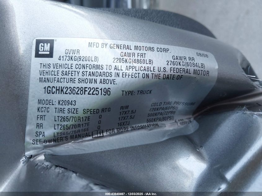 2008 Chevrolet Silverado 2500Hd Ltz VIN: 1GCHK23628F225196 Lot: 43840467