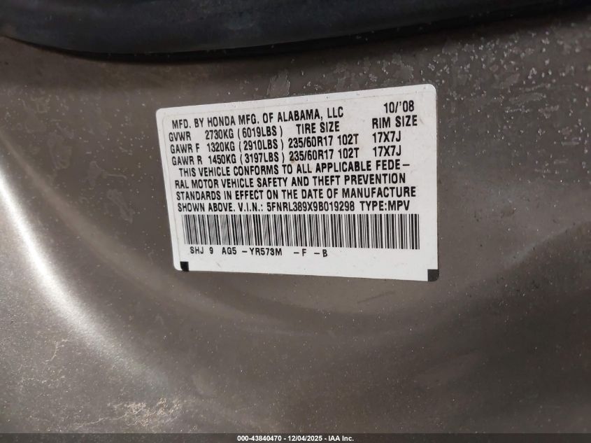 2009 Honda Odyssey Touring VIN: 5FNRL389X9B019298 Lot: 43840470