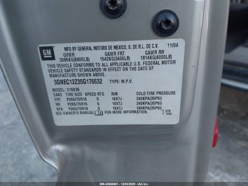 2005 Chevrolet Avalanche 1500 Ls VIN: 3GNEC12Z35G176632 Lot: 43840481