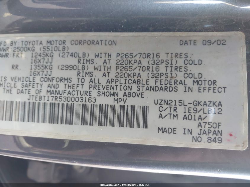 2003 Toyota 4Runner Limited V8 VIN: JTEBT17R530003163 Lot: 43840487