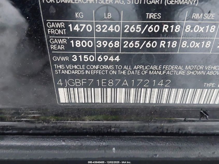 2007 Mercedes-Benz Gl 450 4Matic VIN: 4JGBF71E87A172142 Lot: 43840489