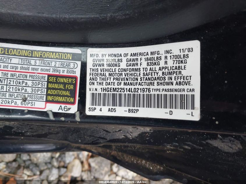 2004 Honda Civic Lx VIN: 1HGEM22514L021976 Lot: 43840523