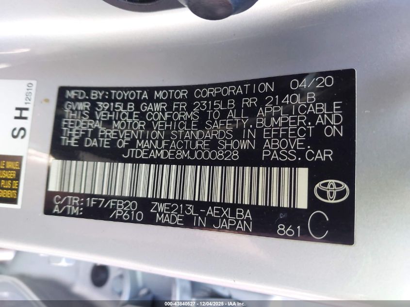 2021 Toyota Corolla Hybrid Le VIN: JTDEAMDE8MJ000828 Lot: 43840527