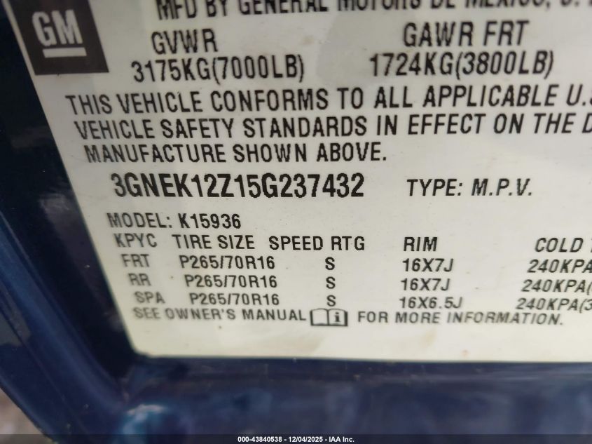 2005 Chevrolet Avalanche 1500 Ls VIN: 3GNEK12Z15G237432 Lot: 43840538