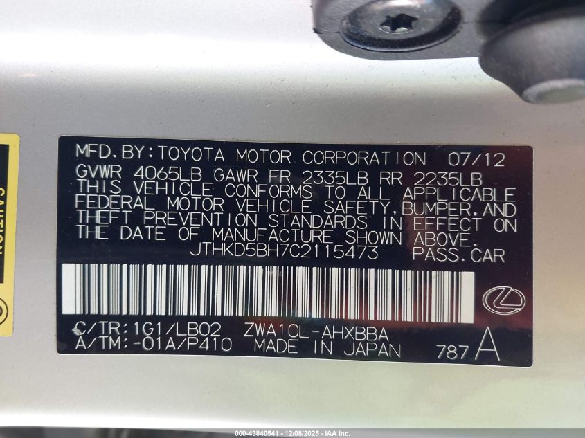 2012 Lexus Ct 200H Premium VIN: JTHKD5BH7C2115473 Lot: 43840541