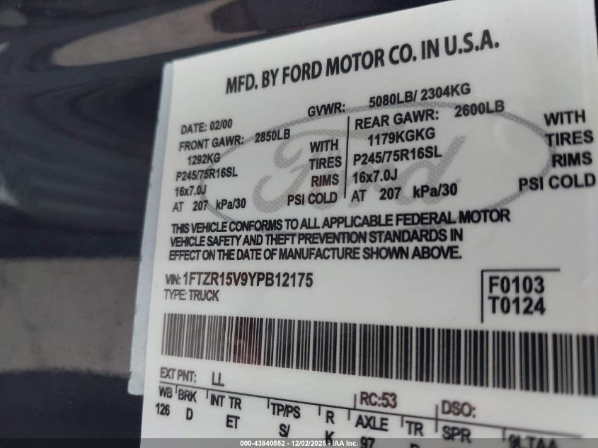 2000 Ford Ranger Xl/Xlt VIN: 1FTZR15V9YPB12175 Lot: 43840552