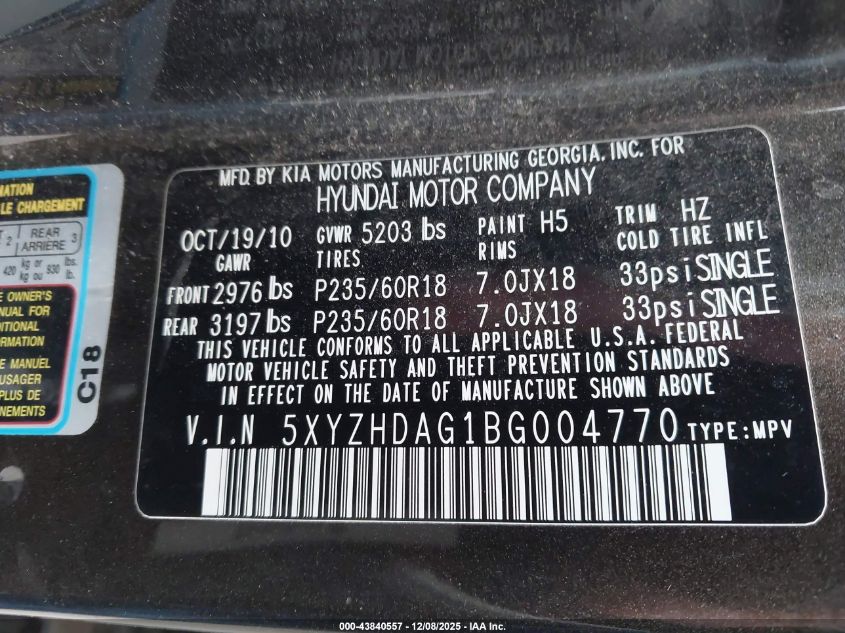 2011 Hyundai Santa Fe Se VIN: 5XYZHDAG1BG004770 Lot: 43840557