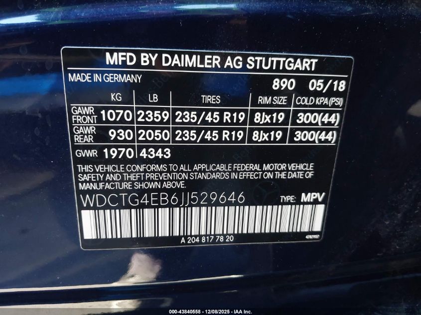 2018 Mercedes-Benz Gla 250 VIN: WDCTG4EB6JJ529646 Lot: 43840558