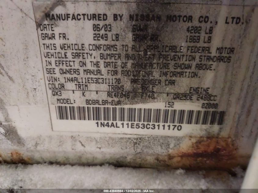 2003 Nissan Altima 2.5 S VIN: 1N4AL11E53C311170 Lot: 43840564
