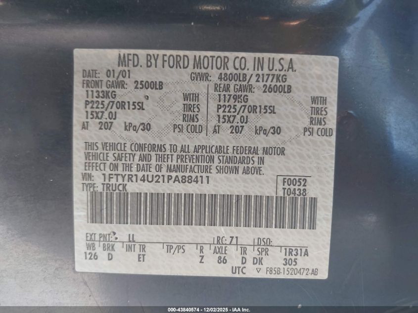 2001 Ford Ranger Edge/Xl/Xlt VIN: 1FTYR14U21PA88411 Lot: 43840574