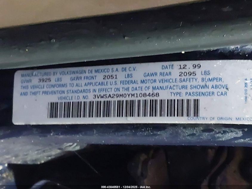 2000 Volkswagen Jetta Gls VIN: 3VWSA29M0YM108468 Lot: 43840581