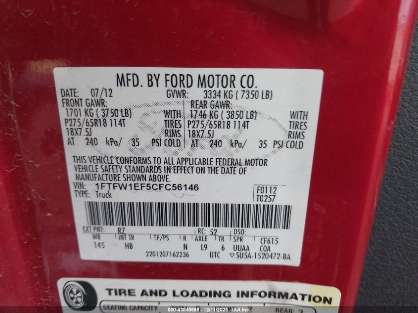 2012 Ford F-150 Lariat VIN: 1FTFW1EF5CFC56146 Lot: 43840585