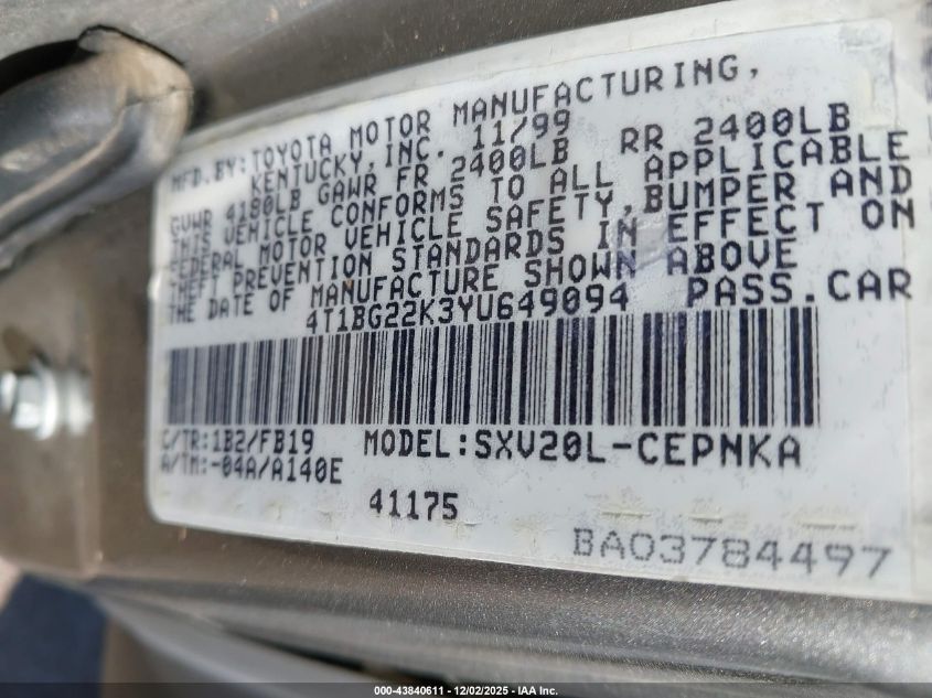 2000 Toyota Camry Le VIN: 4T1BG22K3YU649094 Lot: 43840611