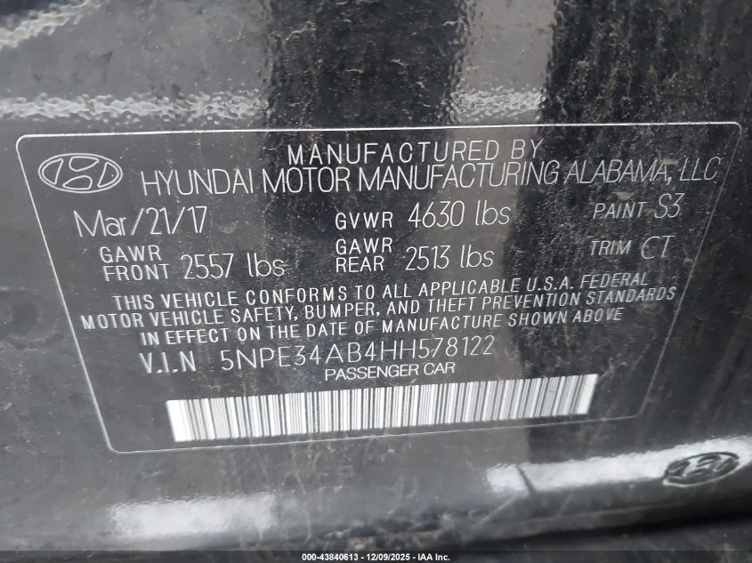 2017 Hyundai Sonata Sport 2.0T VIN: 5NPE34AB4HH578122 Lot: 43840613
