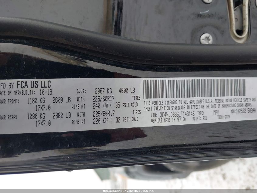 2020 Jeep Compass Latitude 4X4 VIN: 3C4NJDBB6LT143146 Lot: 43840619