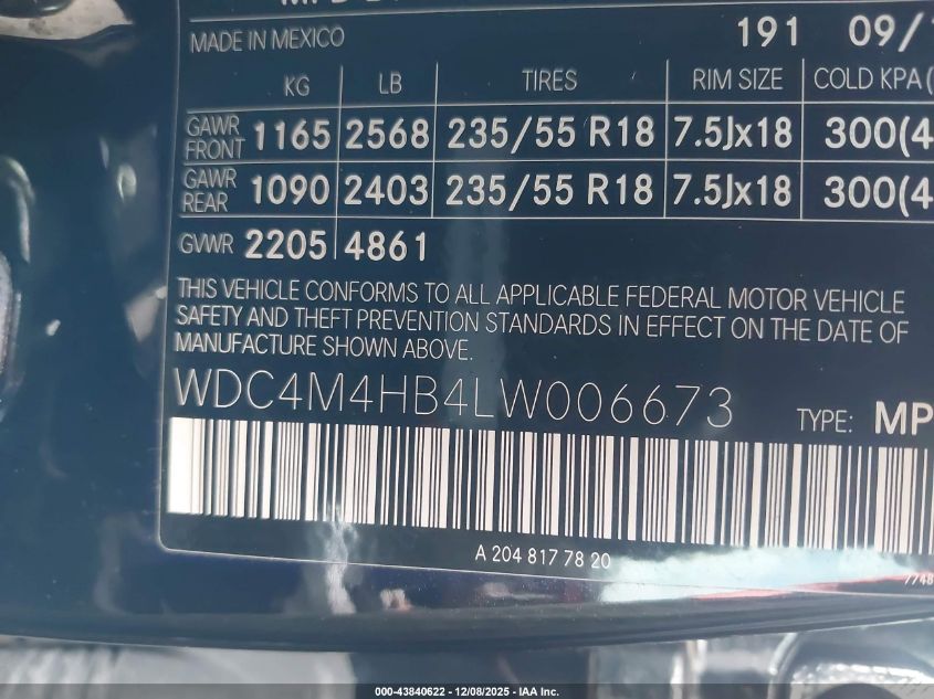 2020 Mercedes-Benz Glb 250 4Matic VIN: WDC4M4HB4LW006673 Lot: 43840622