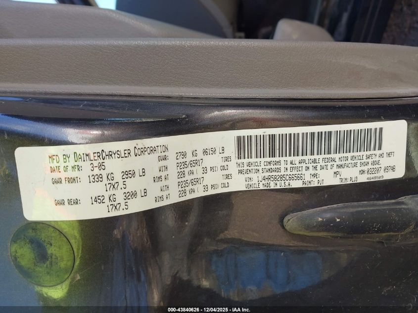 2005 Jeep Grand Cherokee Limited VIN: 1J4HR58285C665661 Lot: 43840626