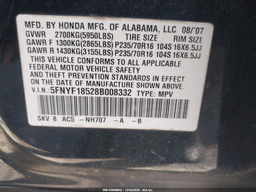 2008 Honda Pilot Ex-L VIN: 5FNYF18528B008332 Lot: 43840642