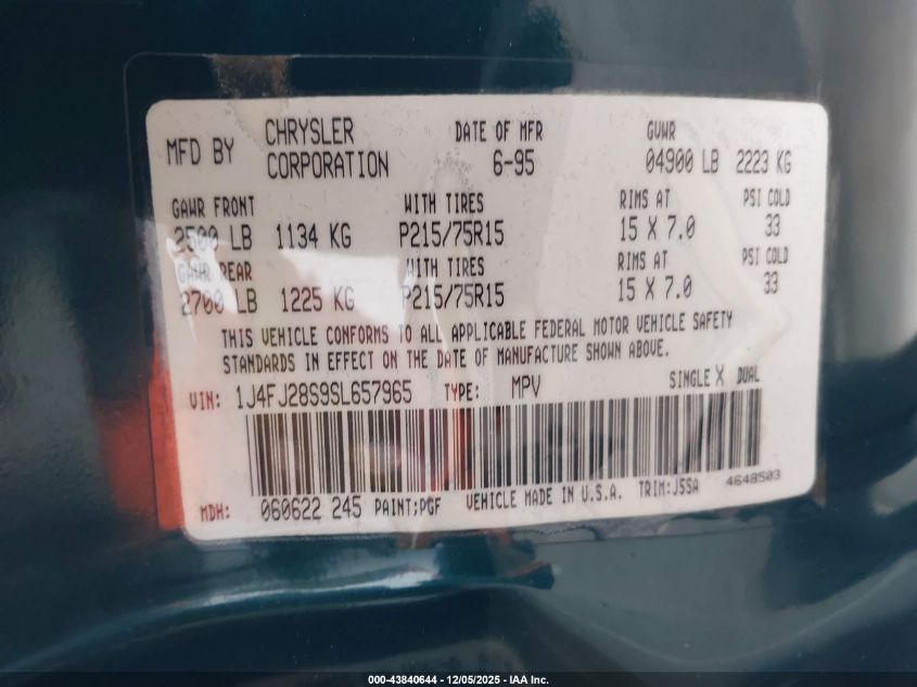 1995 Jeep Cherokee Se VIN: 1J4FJ28S9SL657965 Lot: 43840644
