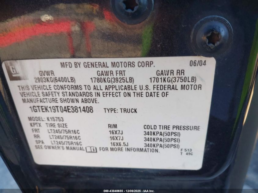 2004 GMC Sierra 1500 Sle VIN: 1GTEK19T04E381408 Lot: 43840655