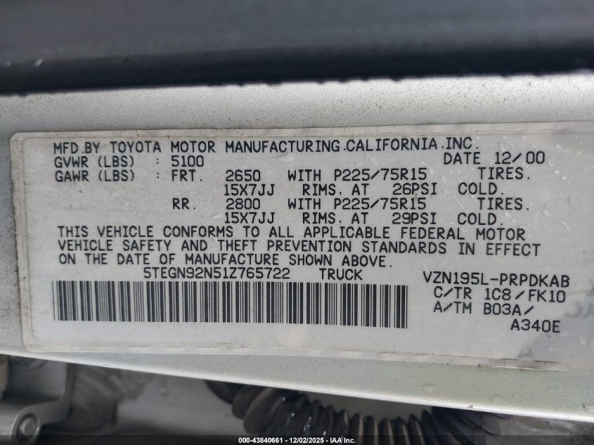 2001 Toyota Tacoma Prerunner V6 VIN: 5TEGN92N51Z765722 Lot: 43840661