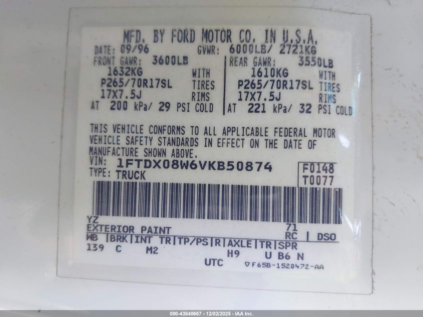 1997 Ford F-150 Lariat/Xl/Xlt VIN: 1FTDX08W6VKB50874 Lot: 43840667