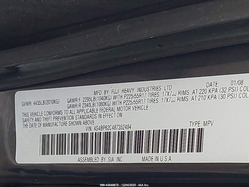 2008 Subaru Outback 2.5I Limited/2.5I Limited L.l. Bean Edition VIN: 4S4BP62C487352494 Lot: 43840675