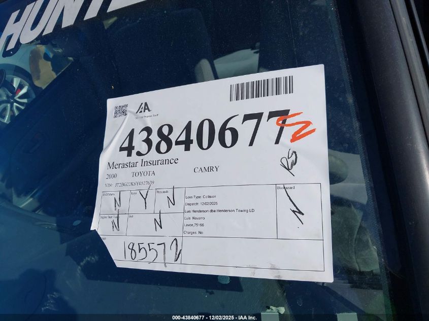 2000 Toyota Camry Le VIN: JT2BG22K6Y0527639 Lot: 43840677